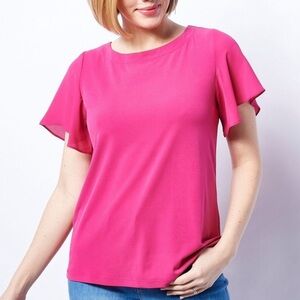 Susan Graver Liquid Knit Top with Chiffon Sleeves Large  Radiant Pink A479170